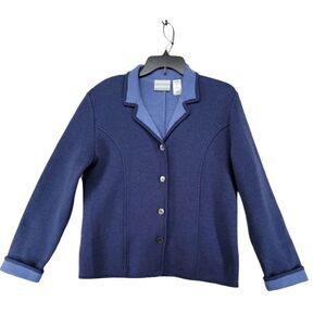 Alfred Dunner Women’s Jacket 100% Wool 2 Tone Blue Collared Button Front Blazer